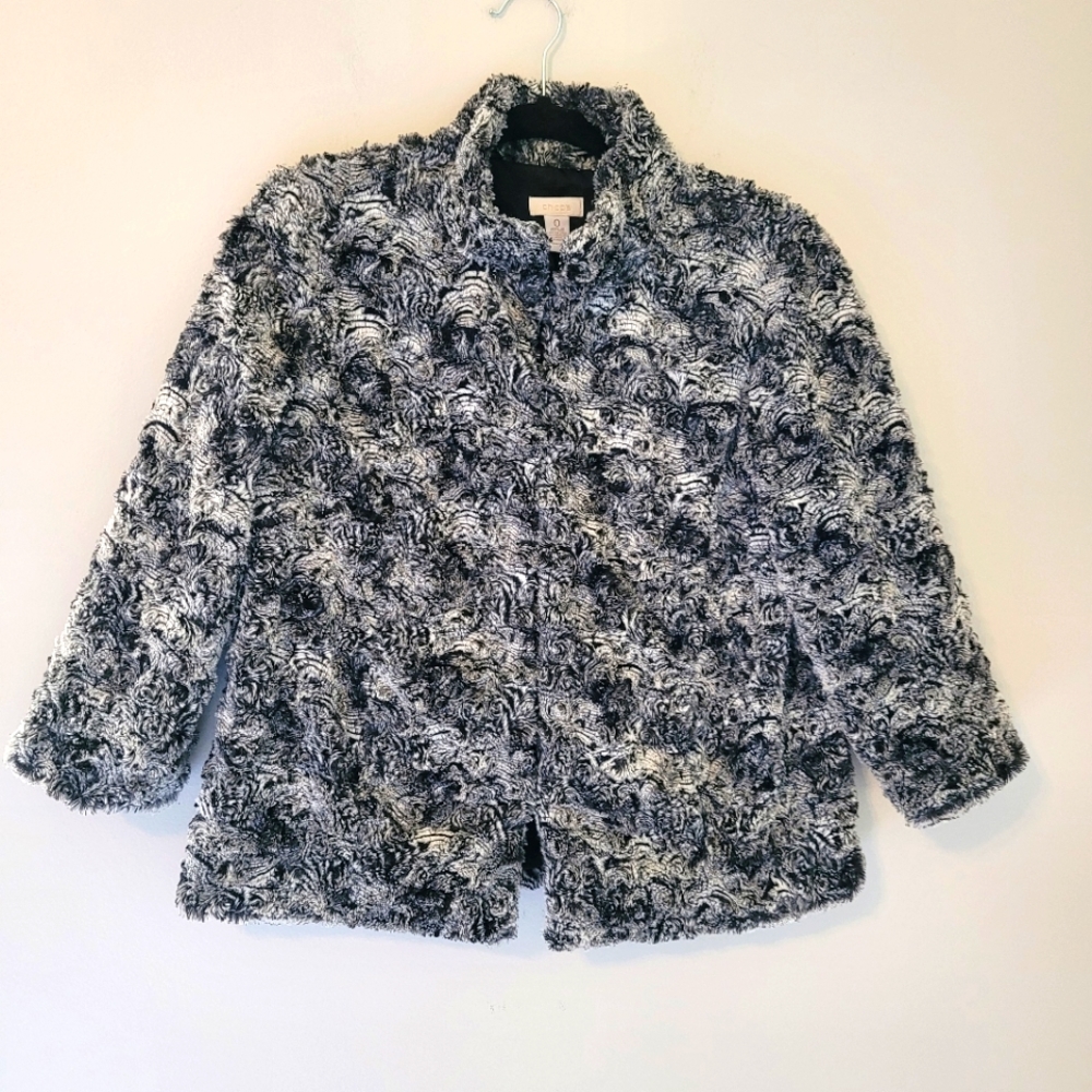 Chico's Black and White Faux Fur Jacket 3/4 Sleeve